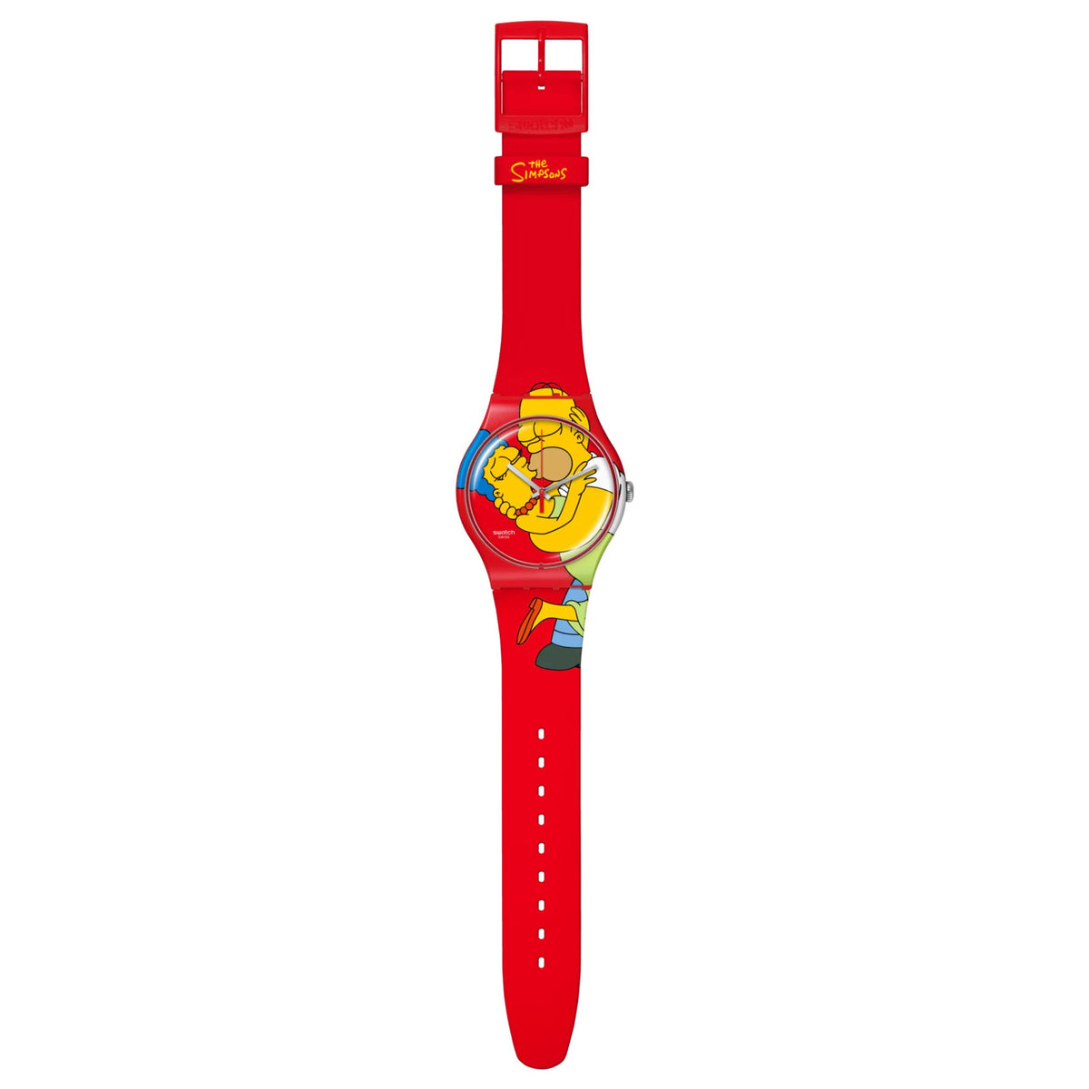 Red silicone Swatch watch with cartoon dial, full-length view