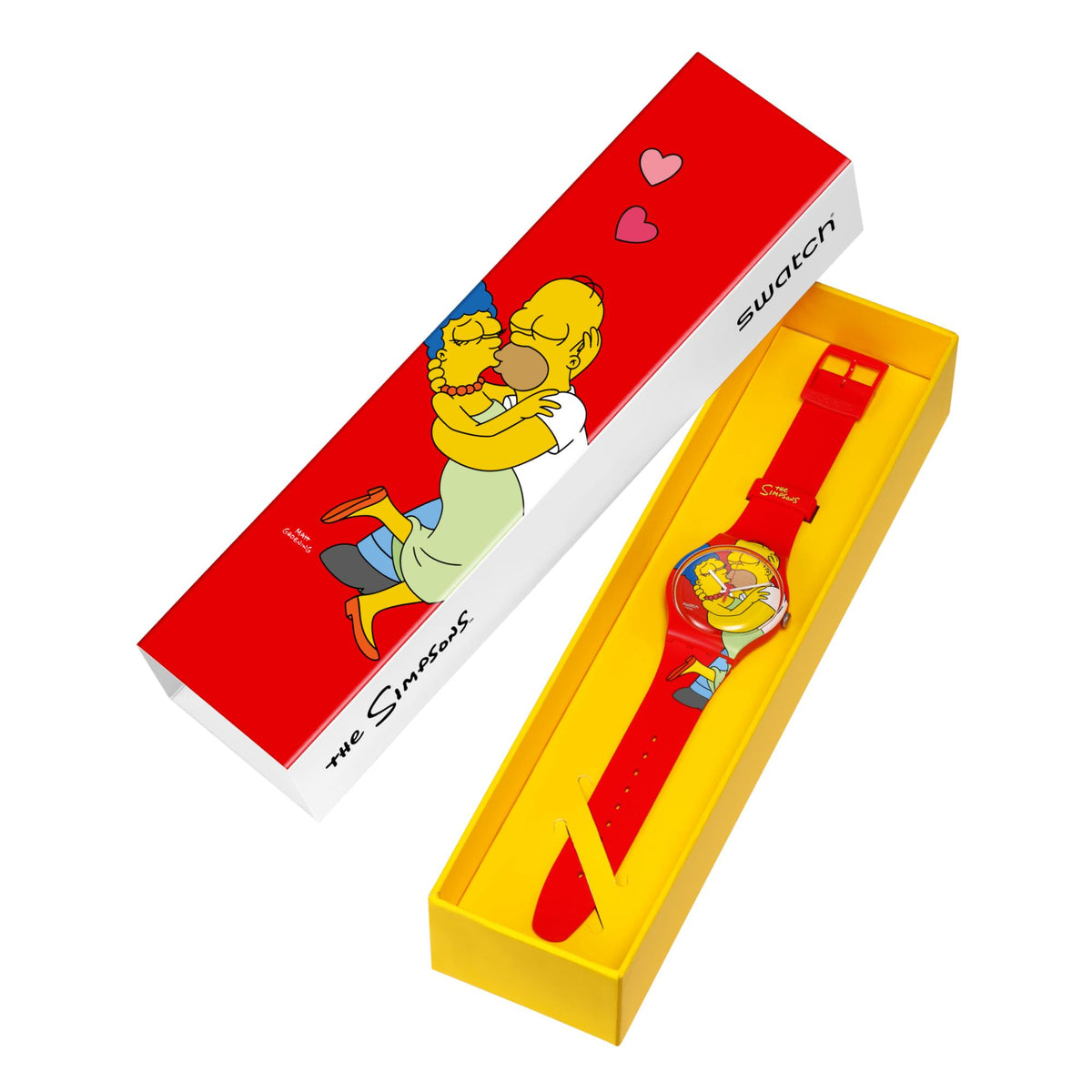 Swatch watch in red silicone band with cartoon dial, in gift box