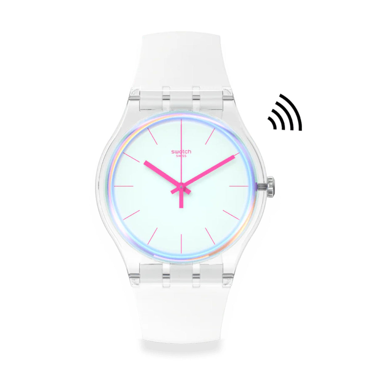 Swatch silicone watch with white dial, pink hands, silver-tone case, wireless icon