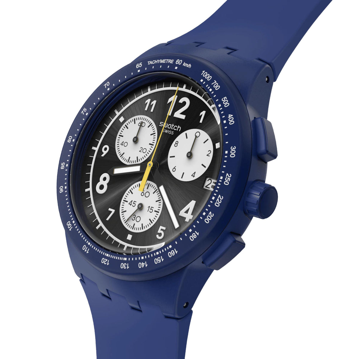 Blue silicone strap watch with black dial, white numerals, and three chronograph subdials