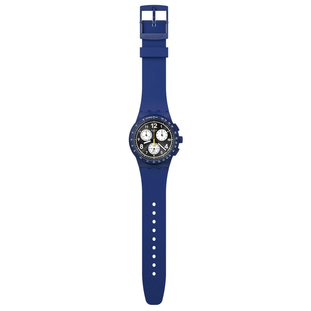 Blue silicone strap watch shown front view with black dial