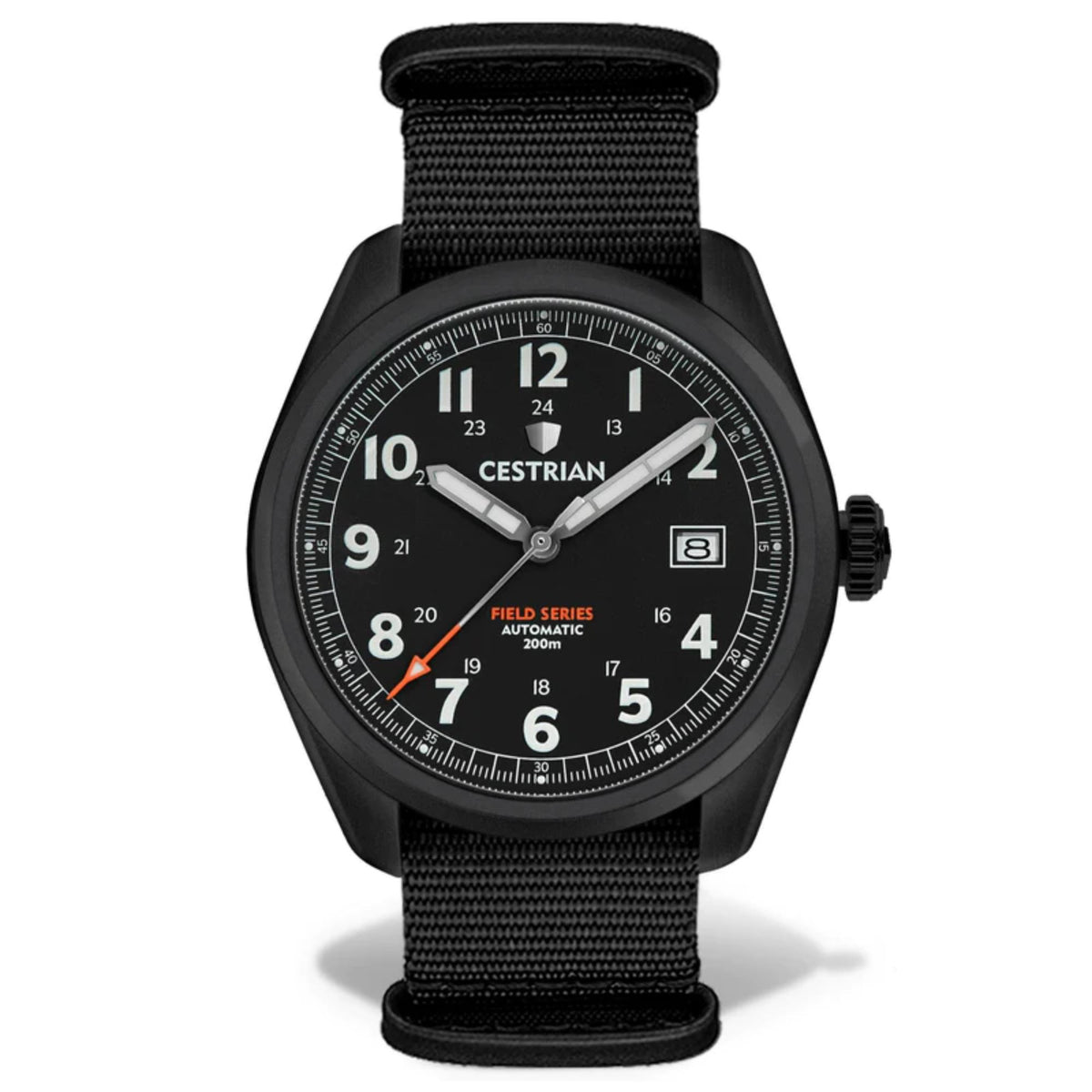Men’s black automatic field watch with NATO fabric strap, black dial, metal markers and hands