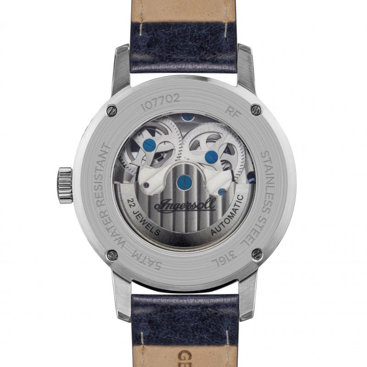 Back view of men's automatic skeleton watch with blue leather strap, stainless steel case
