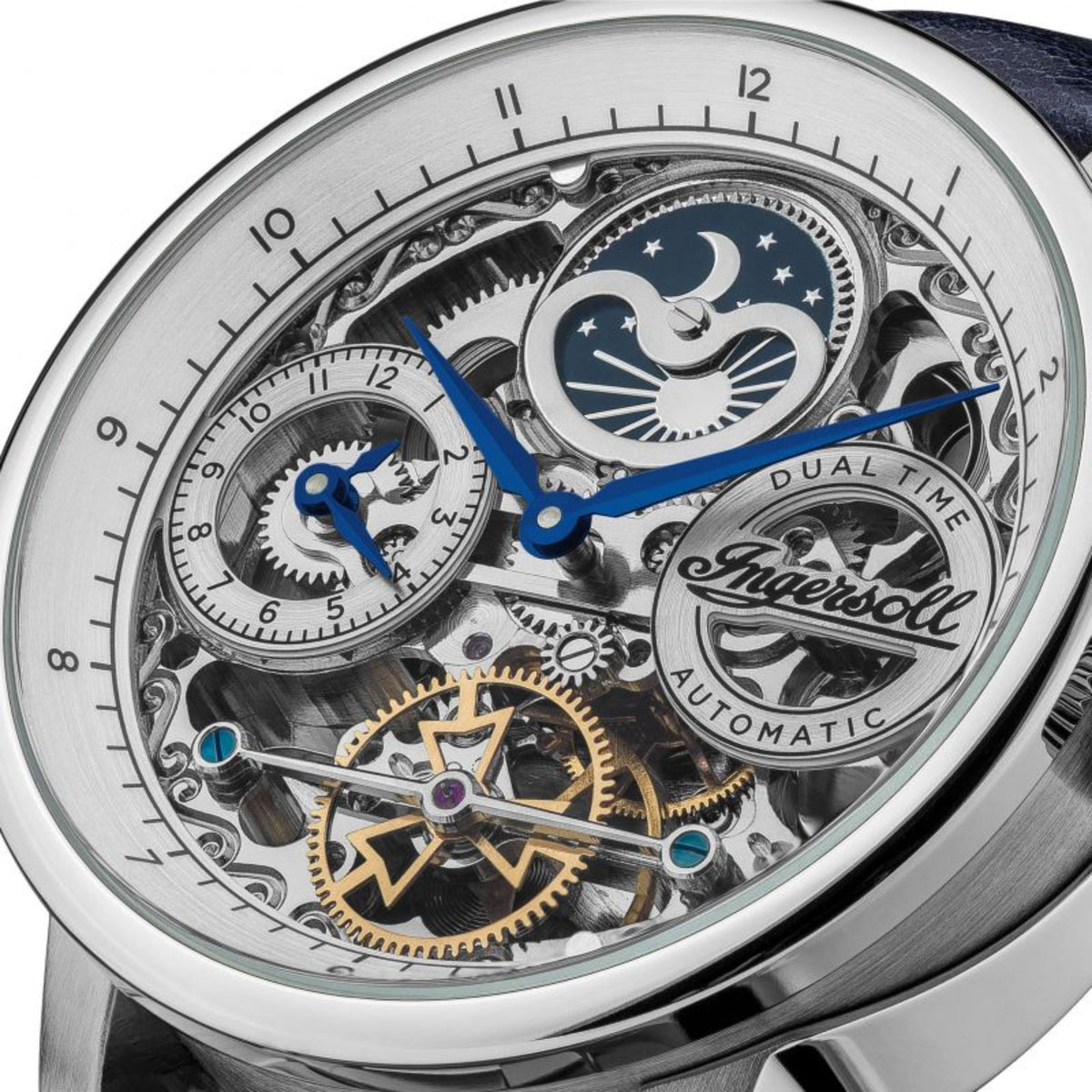 Close-up of men's skeleton dial with blue accents, Roman numerals, dual time blue hands
