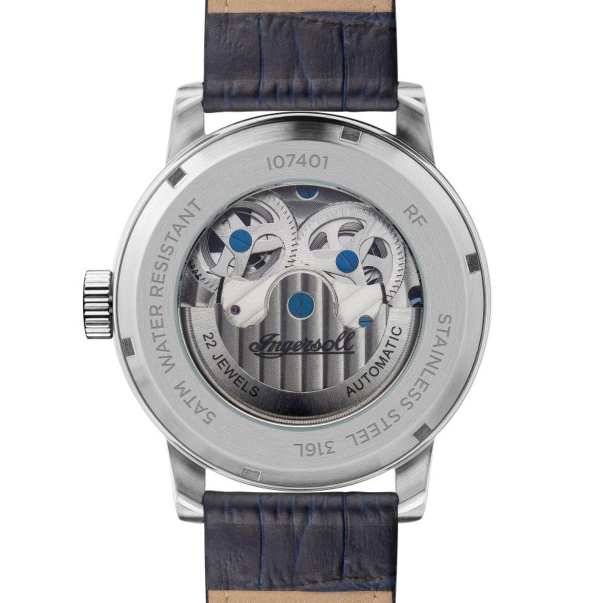 Back of automatic men’s watch in silver tone with blue leather strap and engraved markings