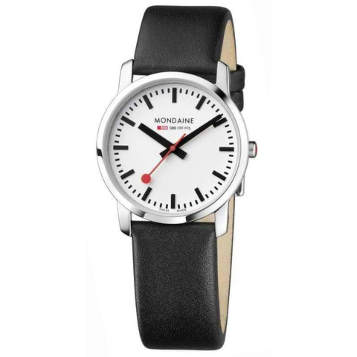 Stainless quartz watch with white dial, black leather strap, red seconds hand