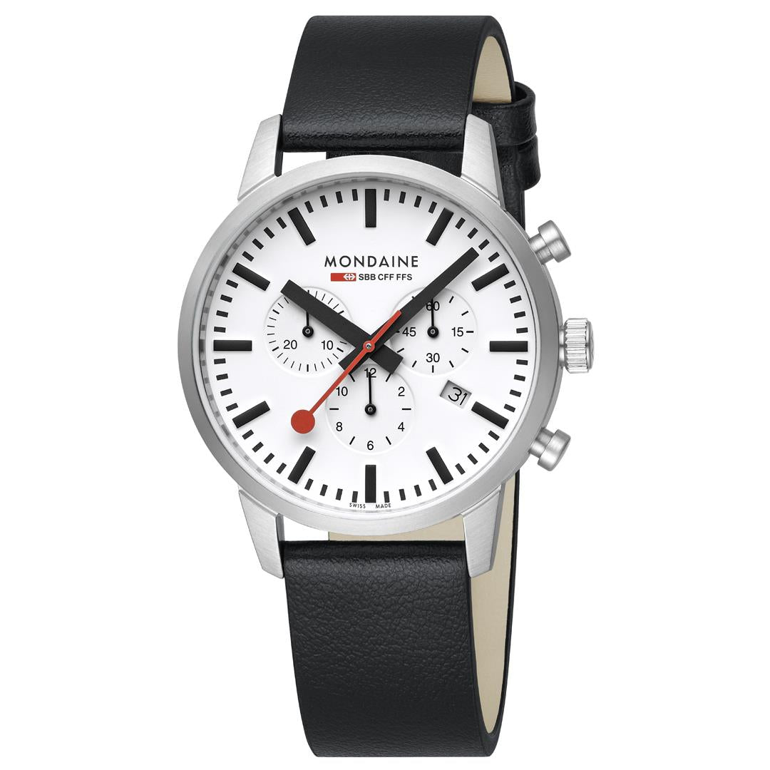 Men's chronograph watch with white dial, black leather strap, silver bezel and crown