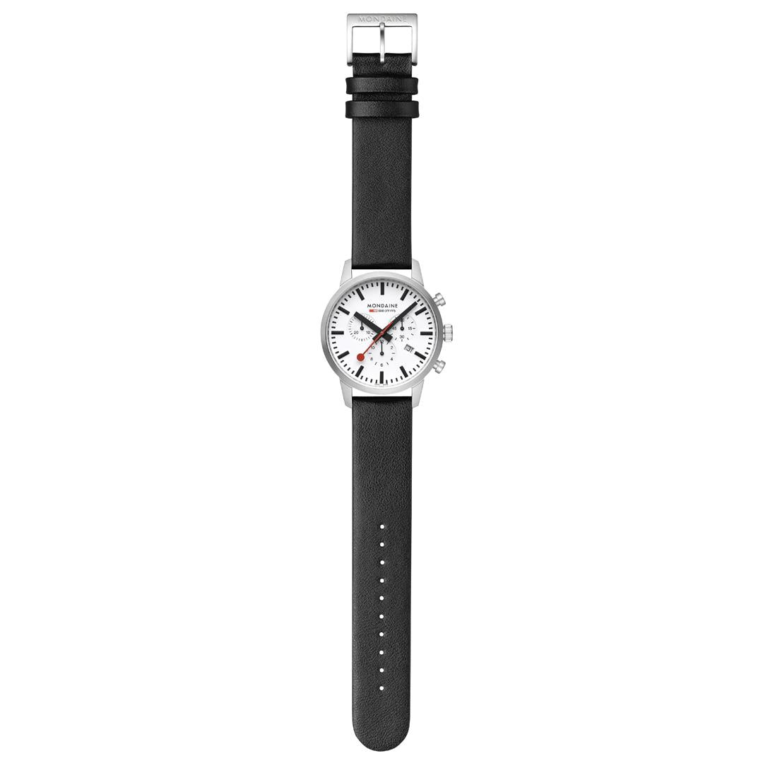 Men's Mondaine chronograph wristwatch with black leather strap and white dial