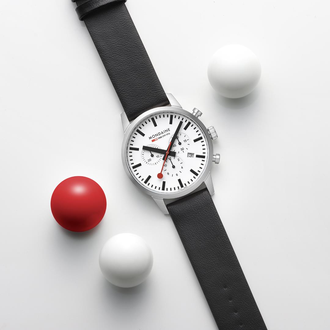 Men's Mondaine chronograph wristwatch with black leather strap, white dial and red details