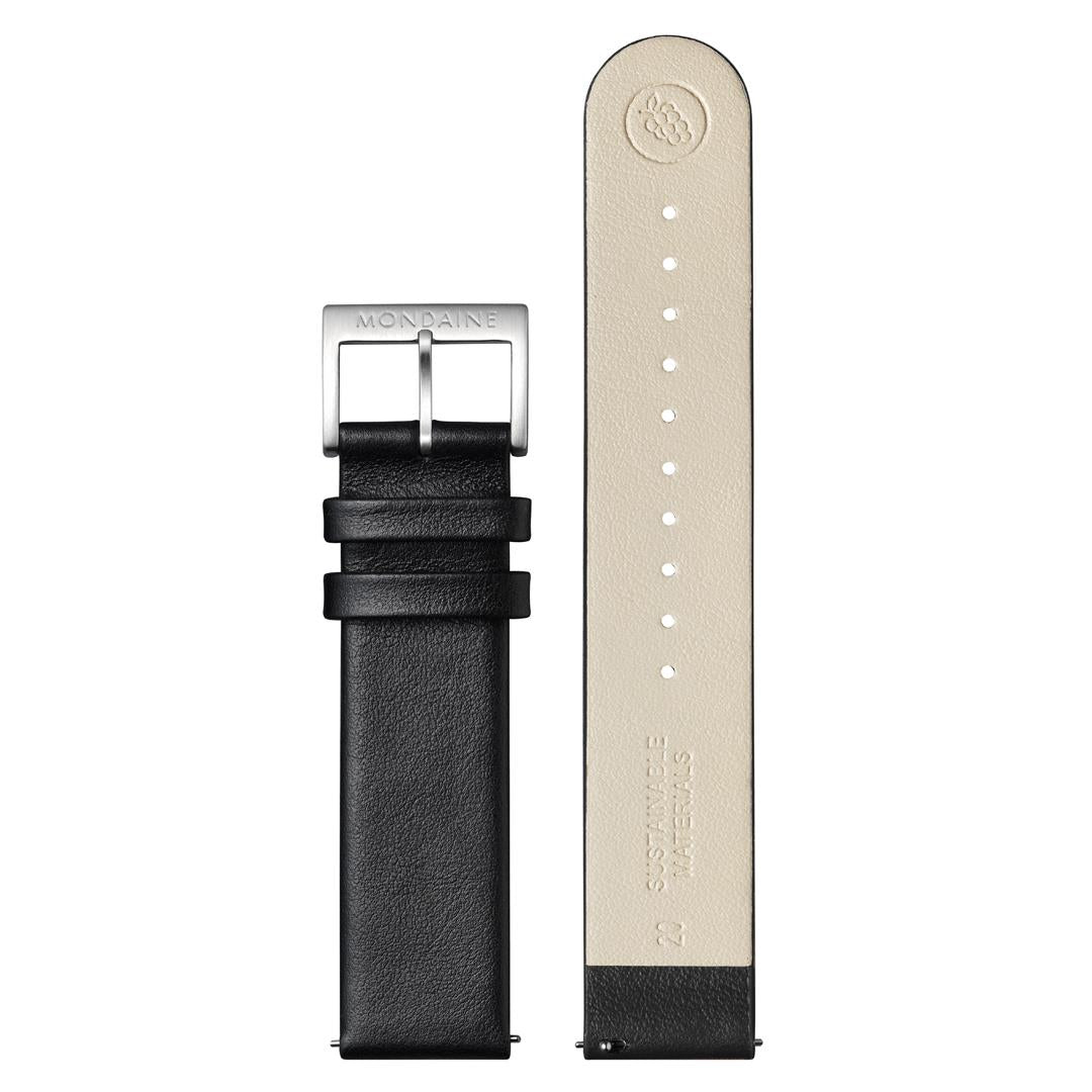 Mondaine Neo MSD.41410.LBV accessory view showing black leather strap with steel buckle
