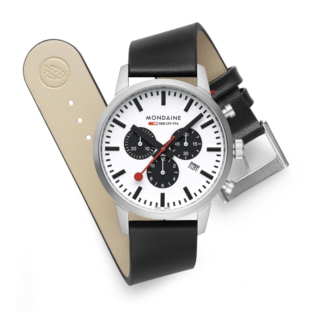 Mondaine Neo MSD.41410.LBV flat lay view showcasing watch head attached to black leather strap