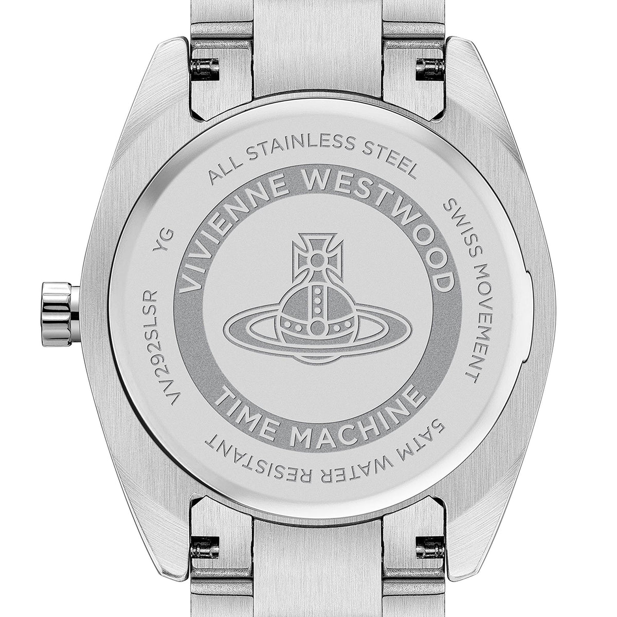Stainless steel watch caseback with engraved Time Machine text and lion emblem