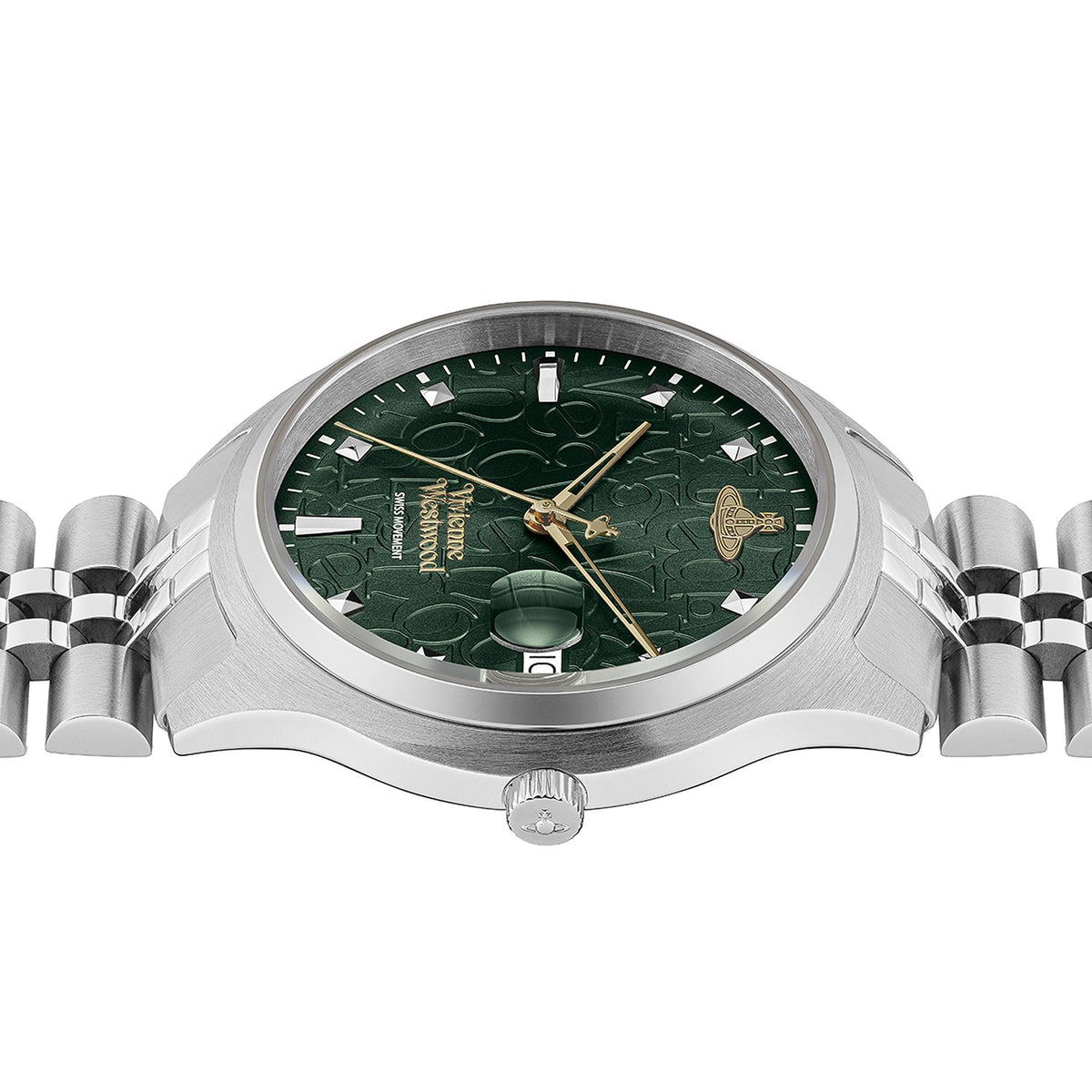 Stainless steel ladies wristwatch with green patterned dial, gold hands, and link bracelet