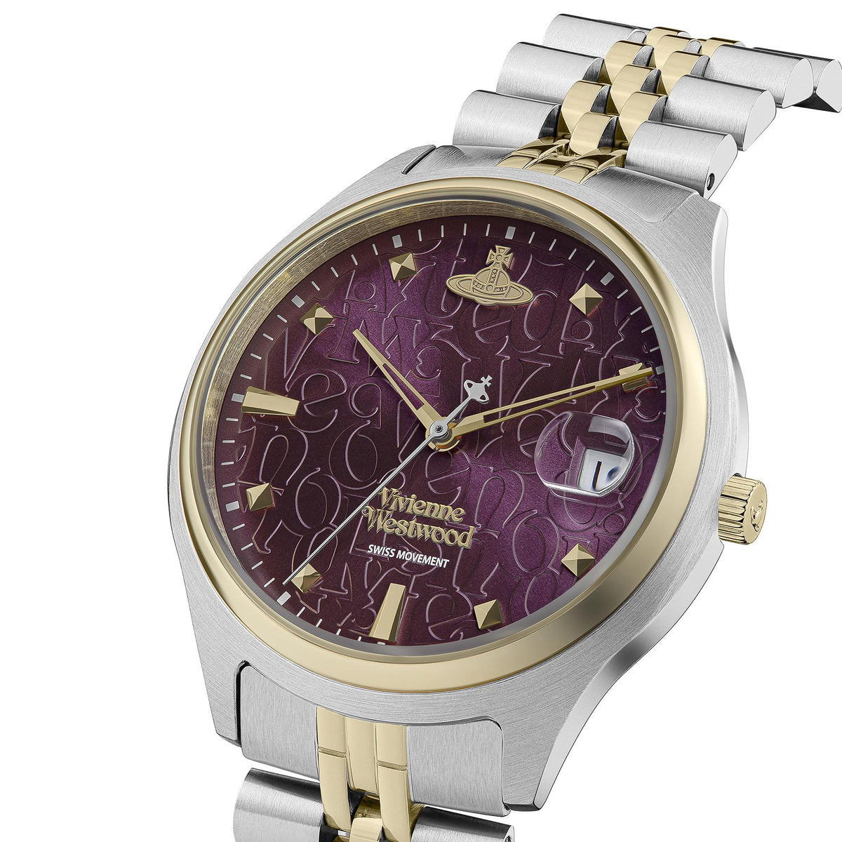 Ladies two-tone stainless watch with purple dial, gold markers, and date window