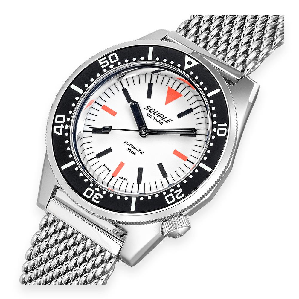 Men’s stainless steel automatic dive watch close-up with white dial, black bezel, silver mesh band