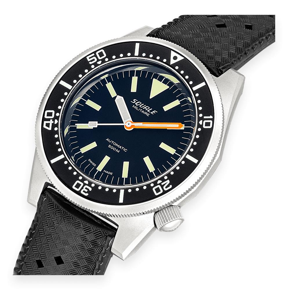 Men's automatic diver watch with black dial, bezel, and textured black rubber strap