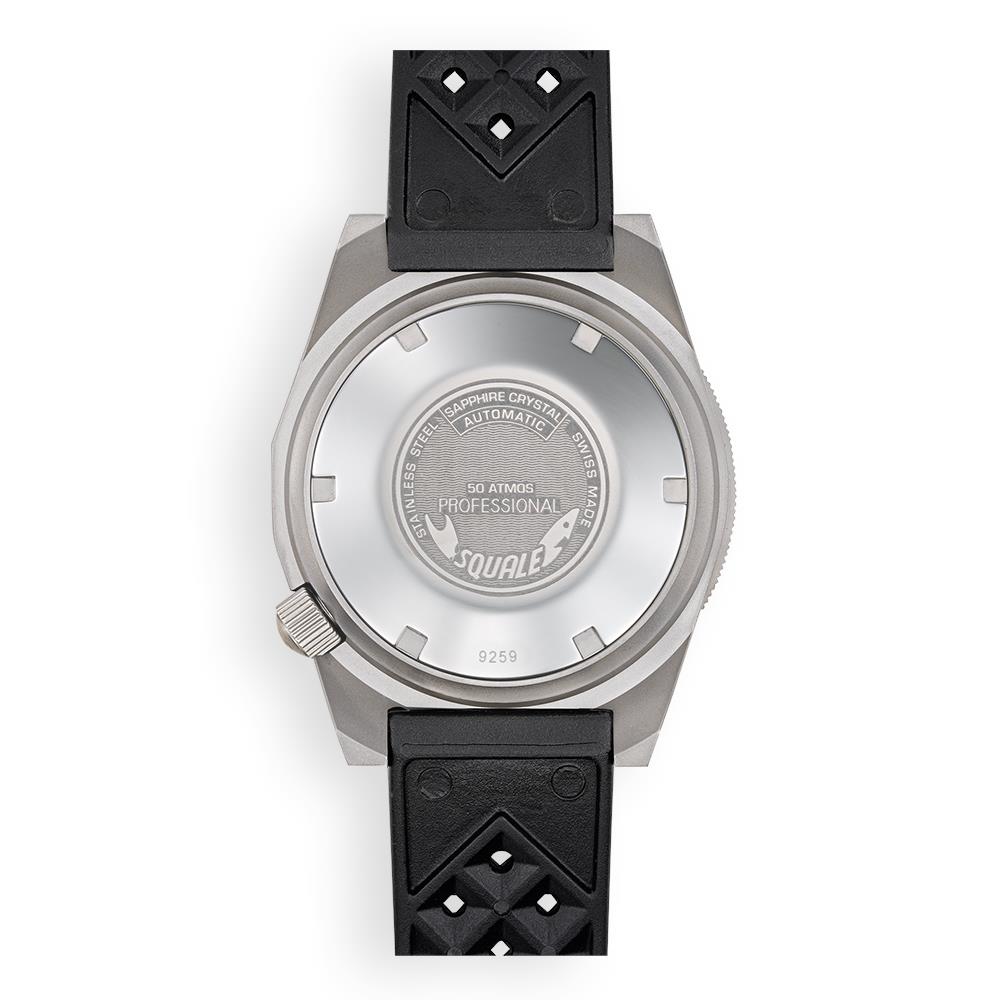 Men's automatic watch caseback with engraved text, black rubber strap
