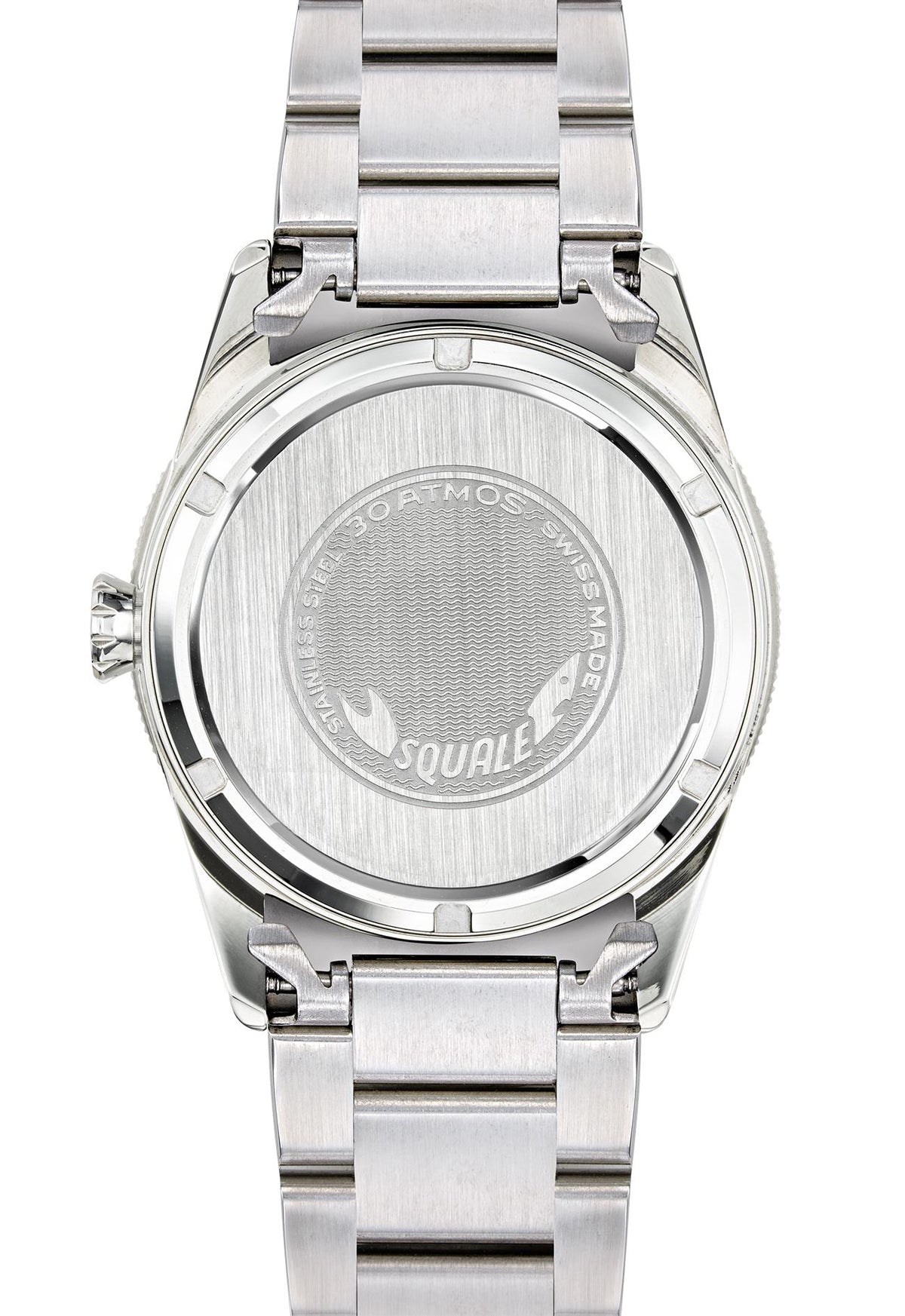 Stainless steel watch caseback with engraved globe and screw details