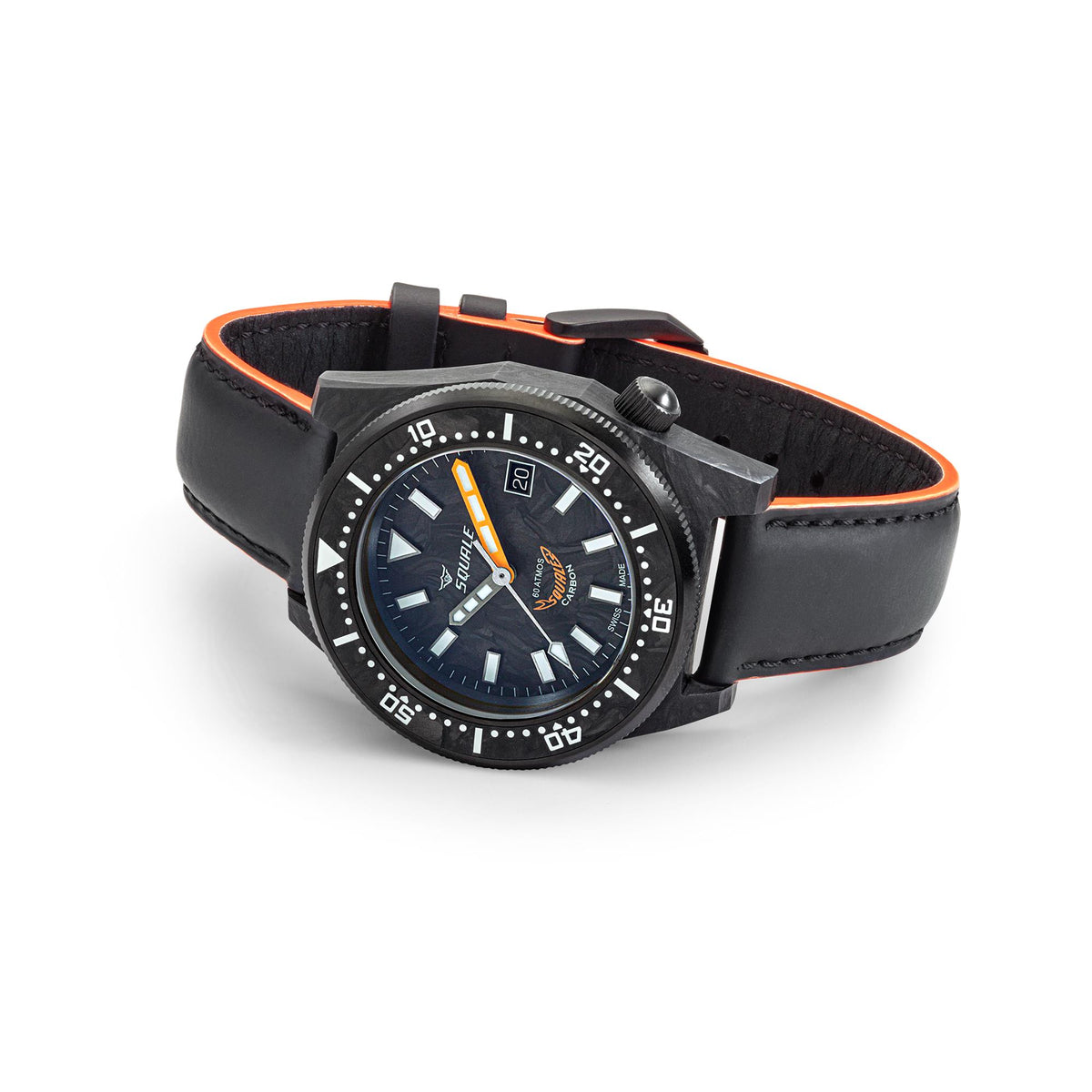 Men’s black automatic watch on black leather strap with orange edge stitching