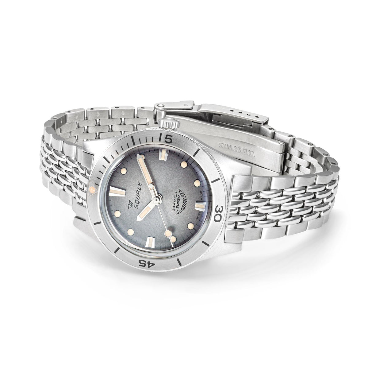 Men's stainless steel automatic watch, grey dial on linked metal bracelet, side angle