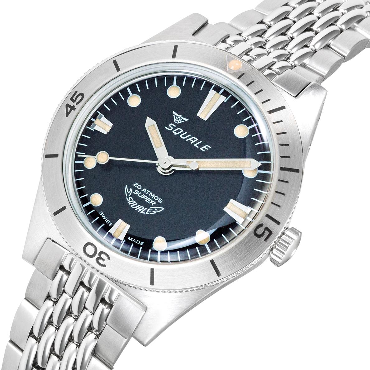 Men's stainless steel automatic watch with black dial, blue bezel, metal bracelet