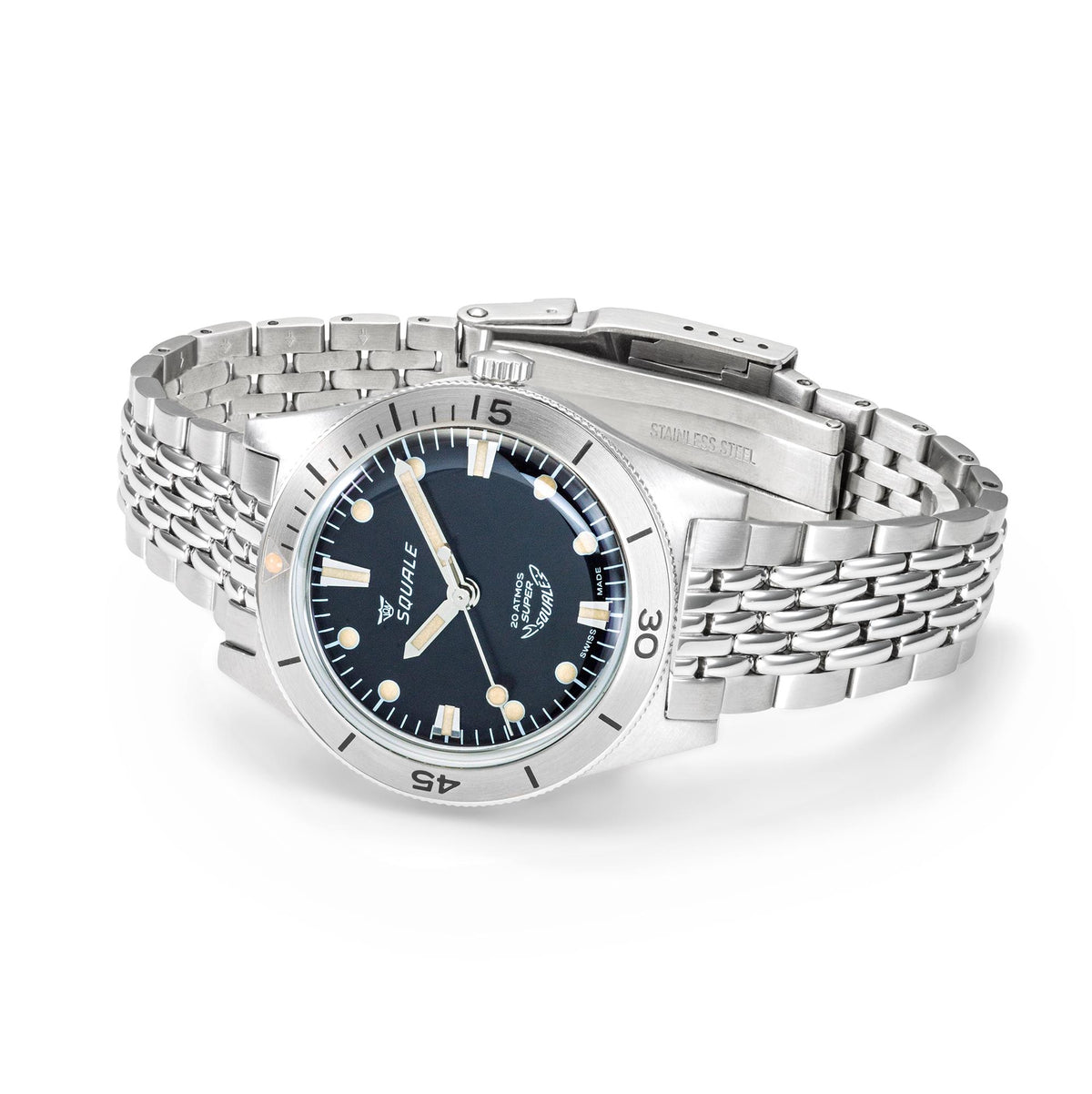 Men's stainless steel automatic watch on linked bracelet, black dial with blue bezel ring