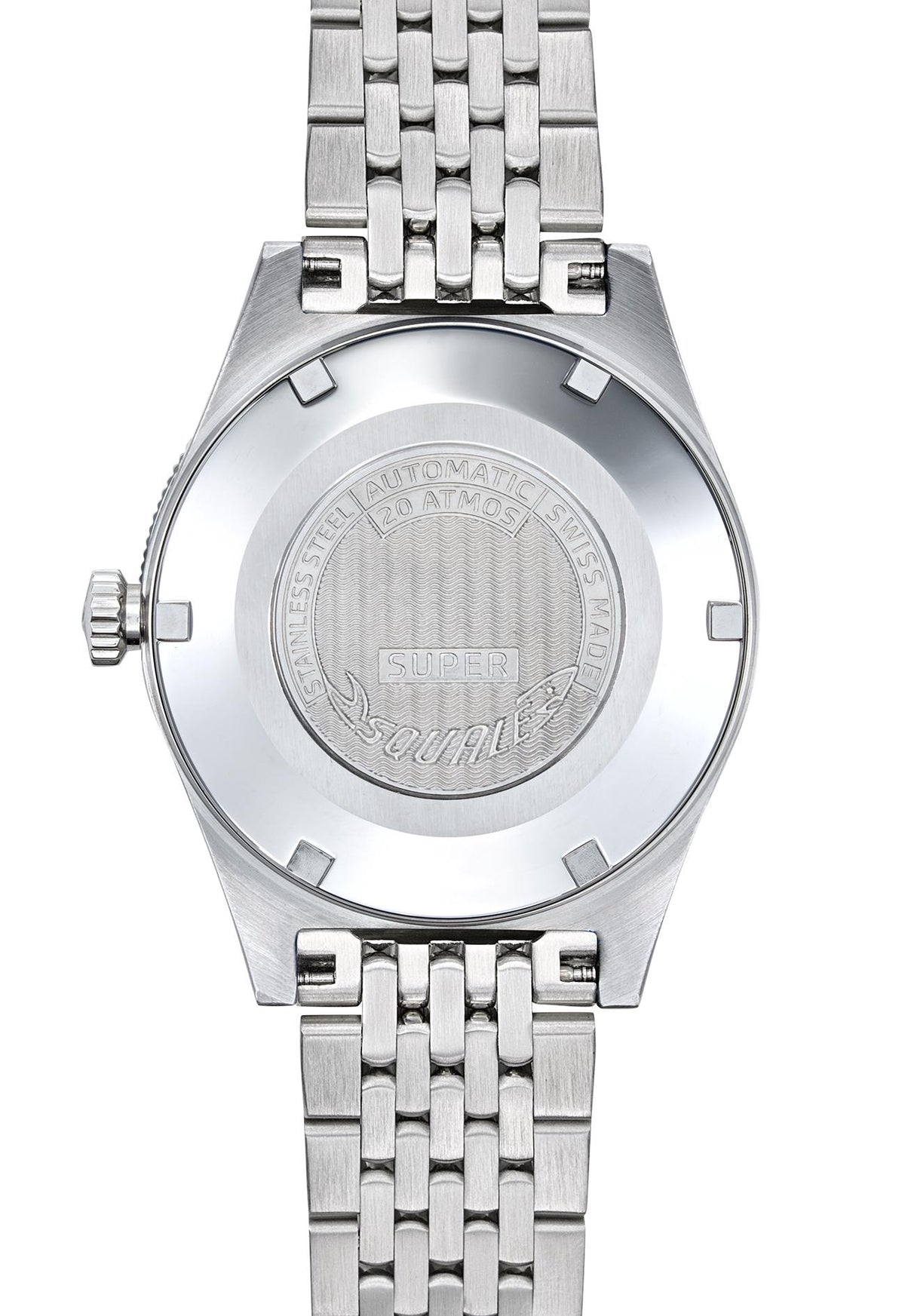 Men's stainless steel automatic watch case back on metal bracelet, engraved dial back