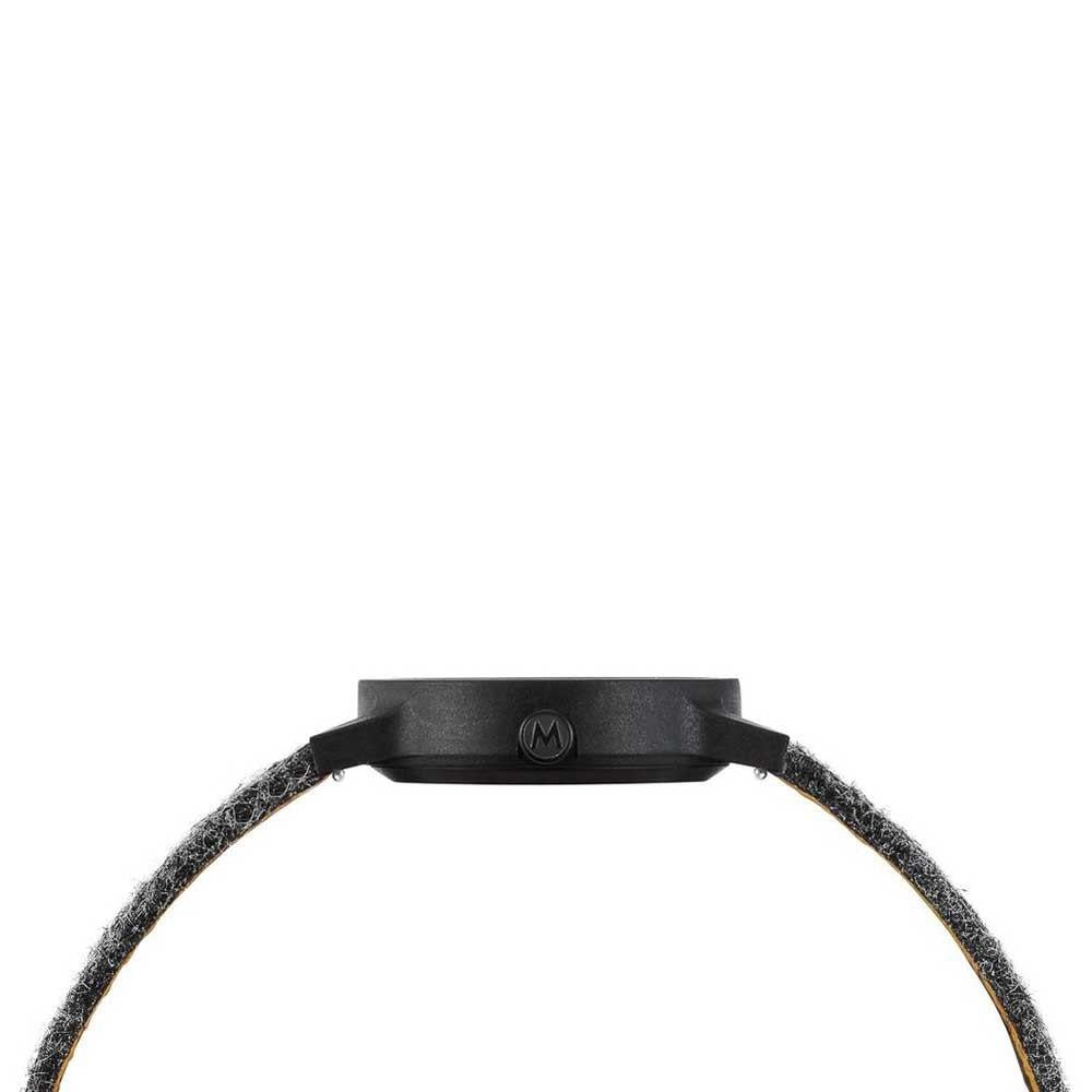 Black watch case with round logo at top, shown from underside with strap loop.