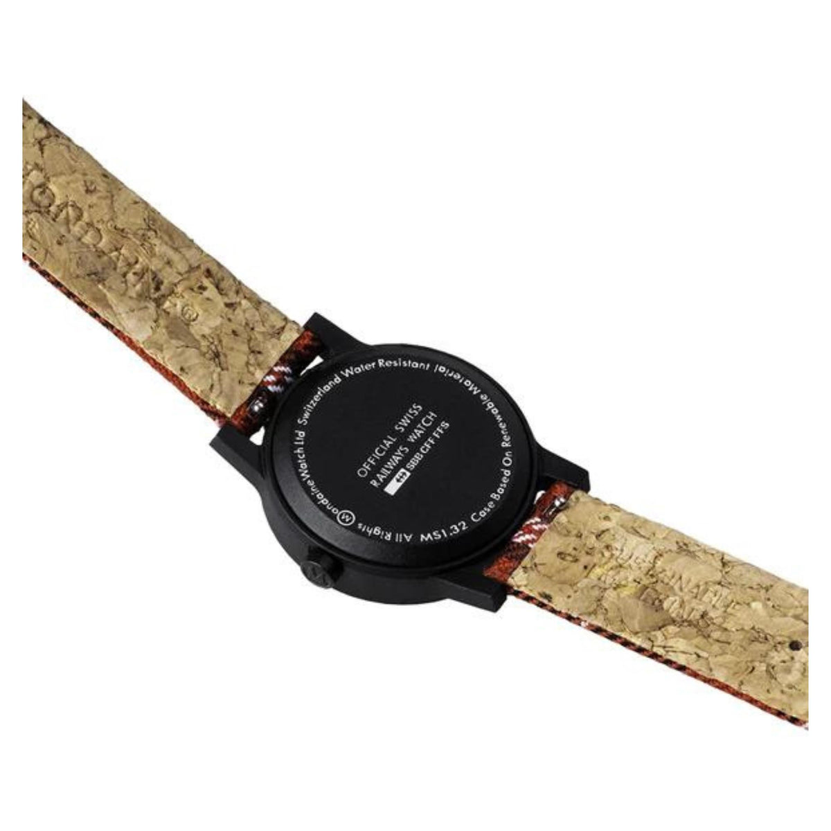 Round watch caseback with engraved text and brown strap, crown detail and lugs