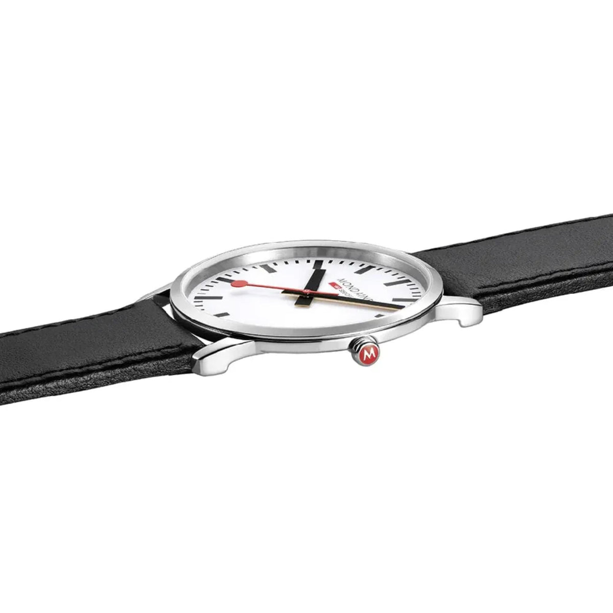 Men's analog watch with black leather strap, silver case, and side crown