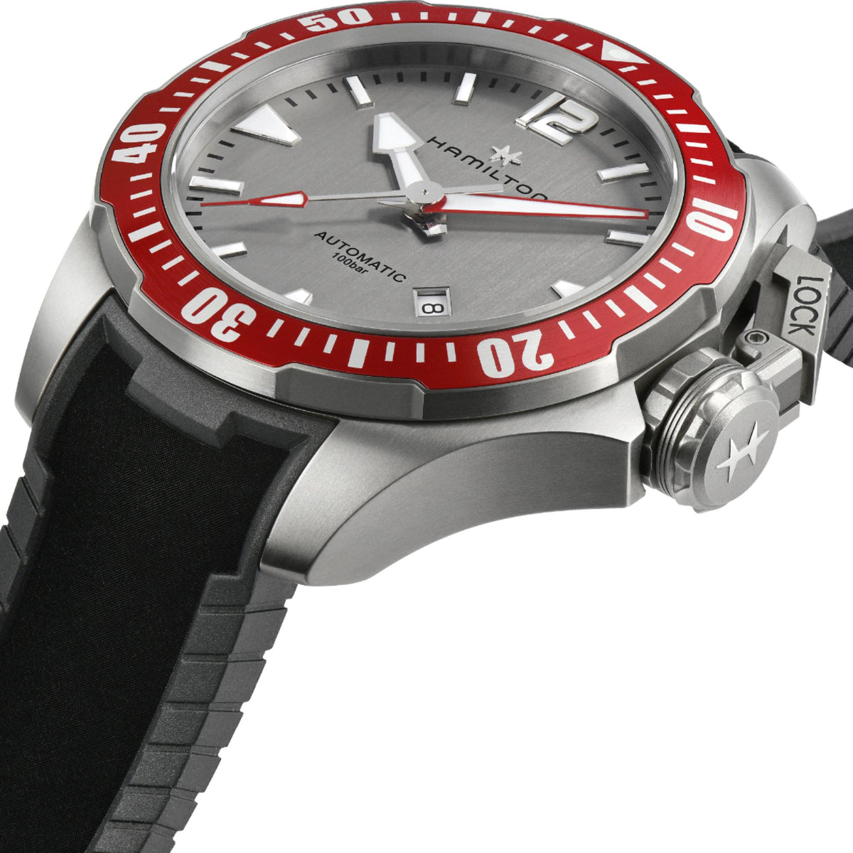 Grey dial automatic watch with red minute track and red hands on metal case