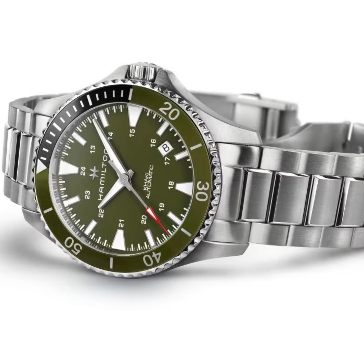 Hamilton men's watch with green dial, white hour markers, stainless steel case and strap