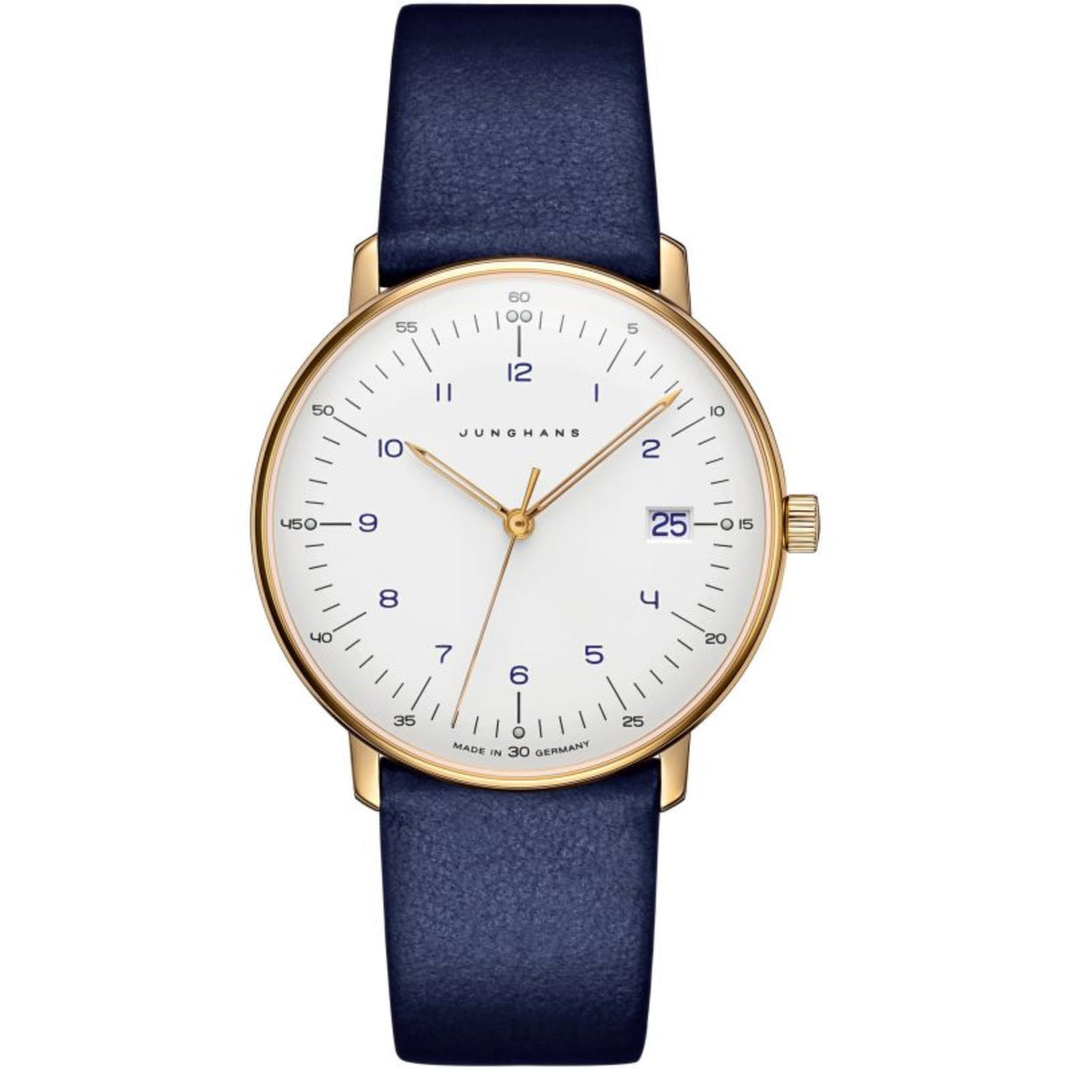 Women's quartz watch with gold-tone case, white dial, blue leather strap, minimalist hands