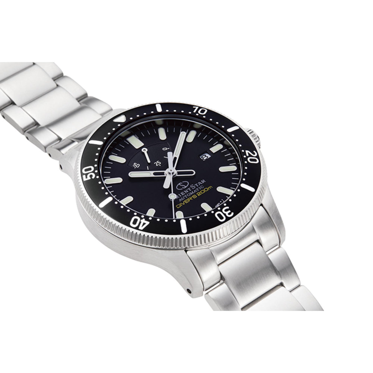 Steel automatic dive watch on metal bracelet with black dial and silver bezel markings