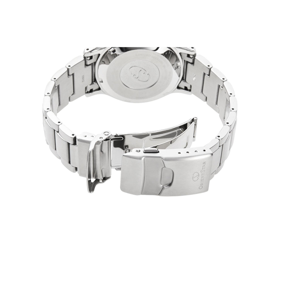 Stainless steel bracelet watch showing case back and side crown on diver-style case
