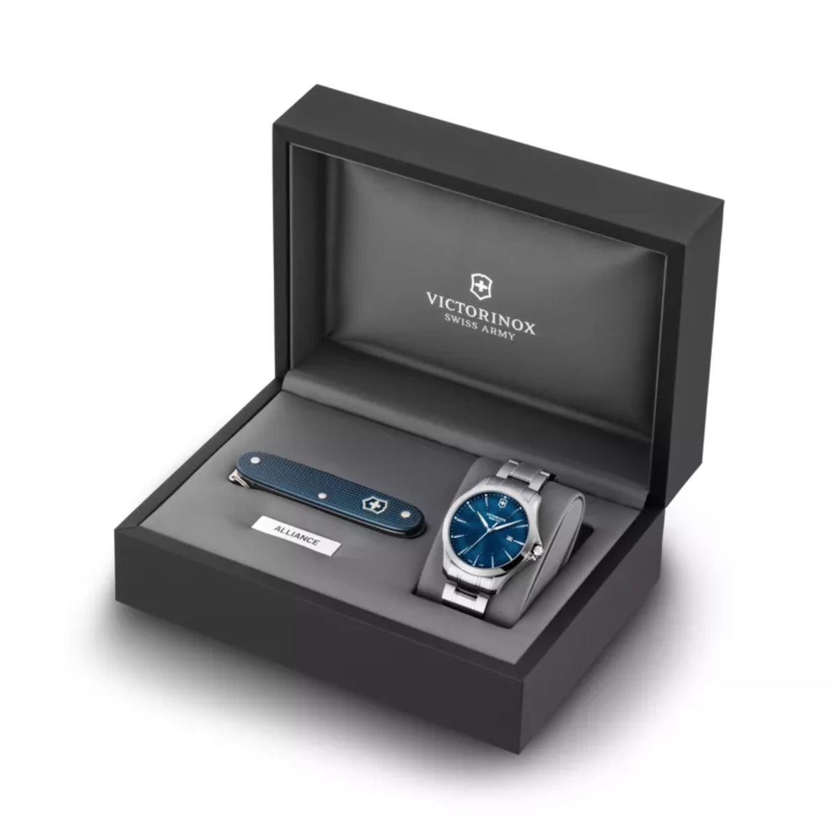 Men's stainless steel quartz watch with blue dial, in black gift box with blue accessory