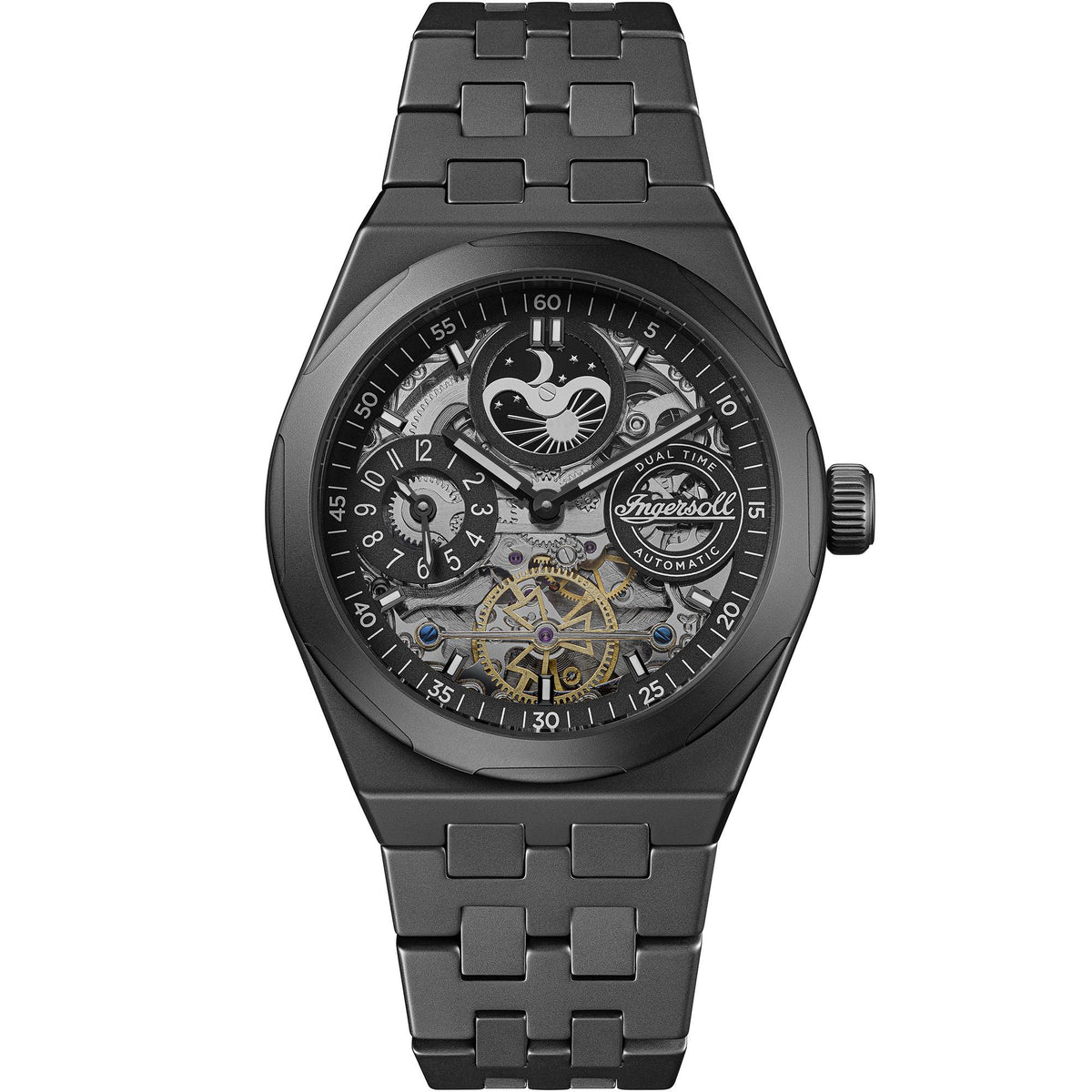 Black automatic men's watch with dual-time skeleton dial and black link bracelet.