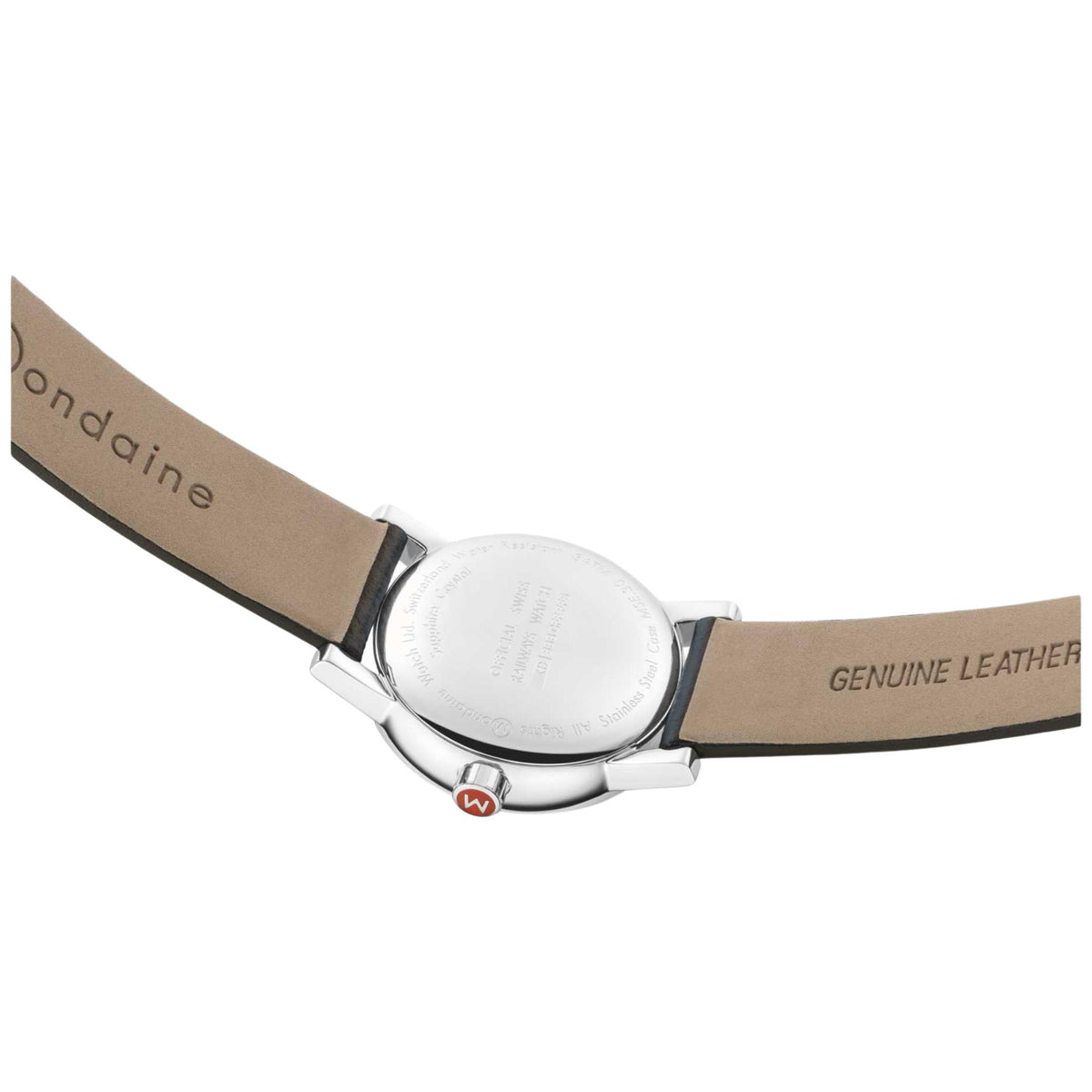 Mondaine Evo2 watch close-up, genuine leather strap, silver caseback