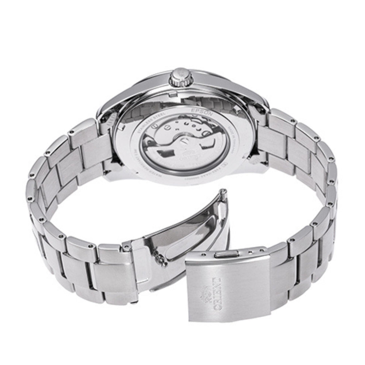 Angled view from the back focusing on the open deployment clasp and the clear exhibition caseback of the Orient Contemporary RA-AR0008E10B watch