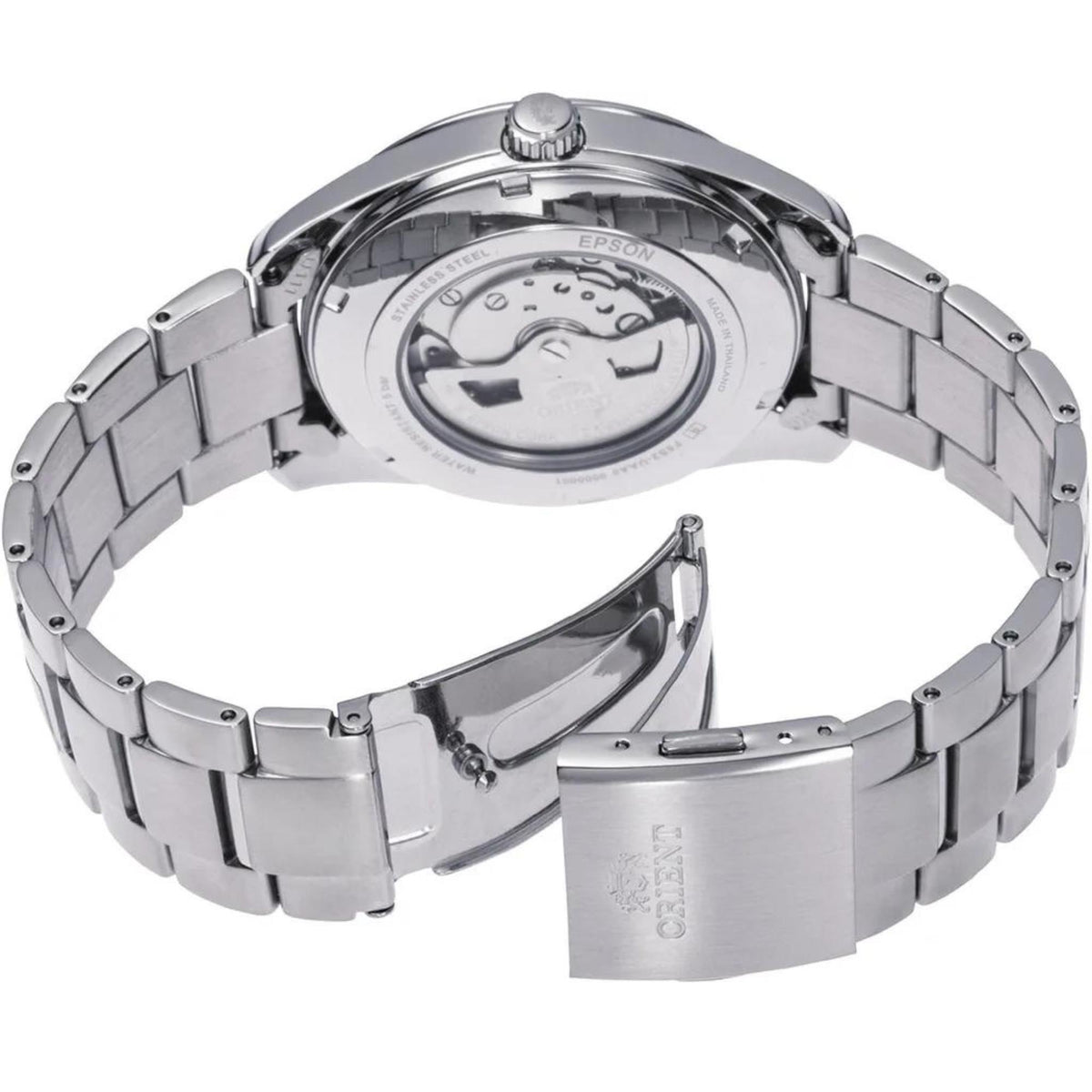 Automatic watch case back with engraved markings, silver metal bracelet links
