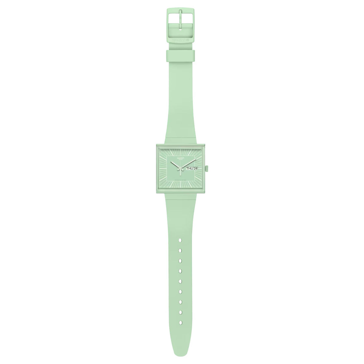 Mint green rectangular watch with slim bioceramic strap and square dial
