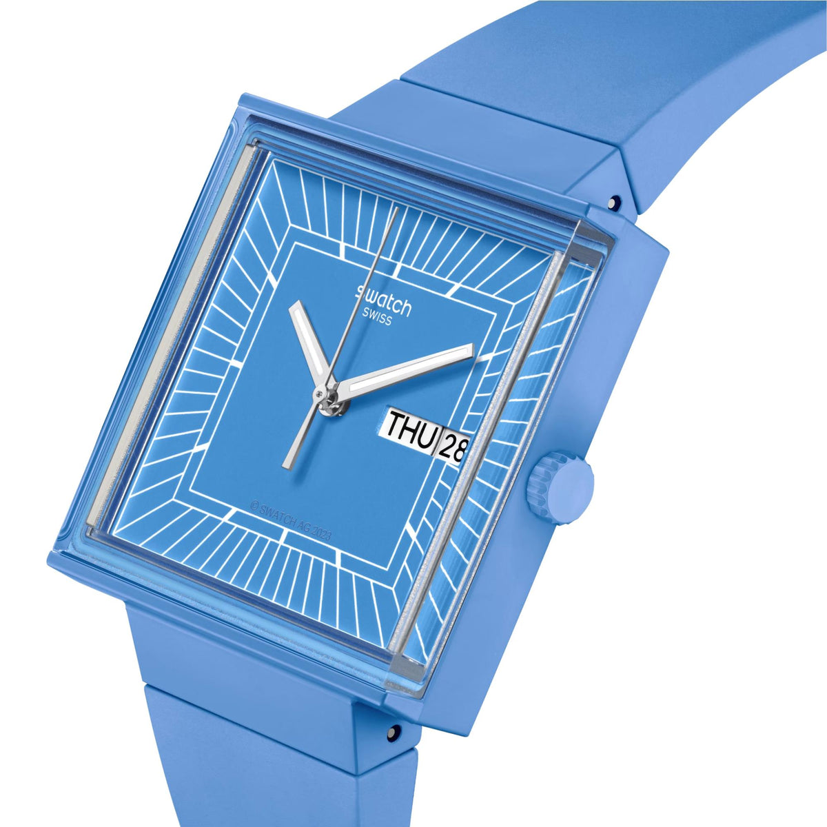 Blue square face quartz watch with geometric bezel, date window, blue strap