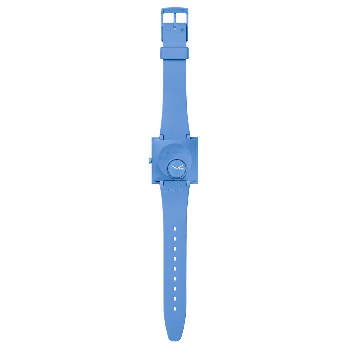 Blue square dial quartz watch with blue strap and visible crown detail