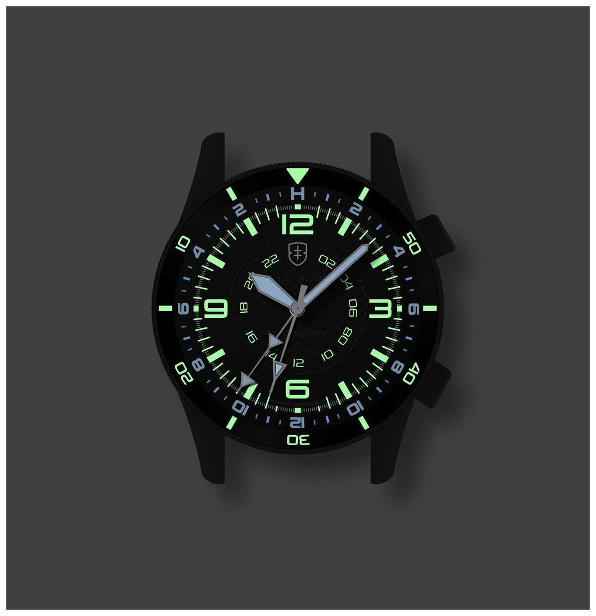 Men’s dive watch with glowing green dial markers and hands on black bezel