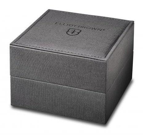 Gray Elliot Brown watch gift box with embossed logo on the lid