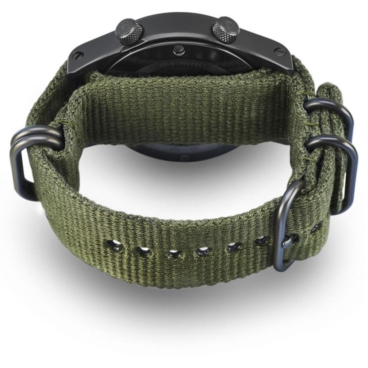 Watch on wristband view: green woven textile strap with metal buckle and holes