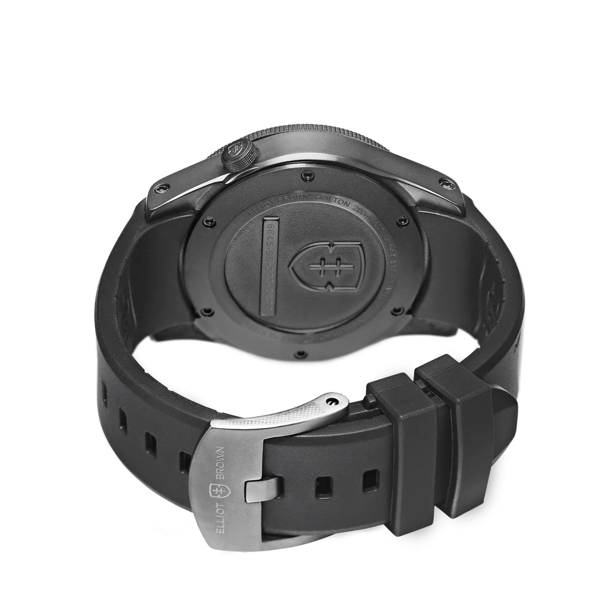 Men's black rubber strap watch back view with engraved caseback and metal clasp