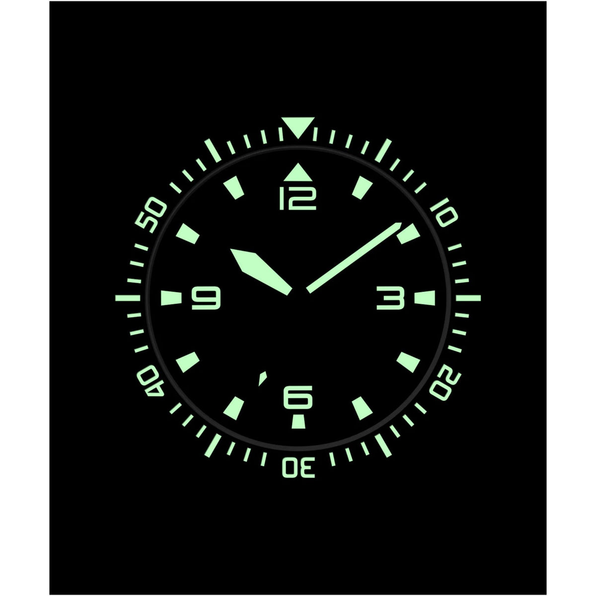 Watch dial closeup with green luminous numerals, hour hands, and outer minute markers