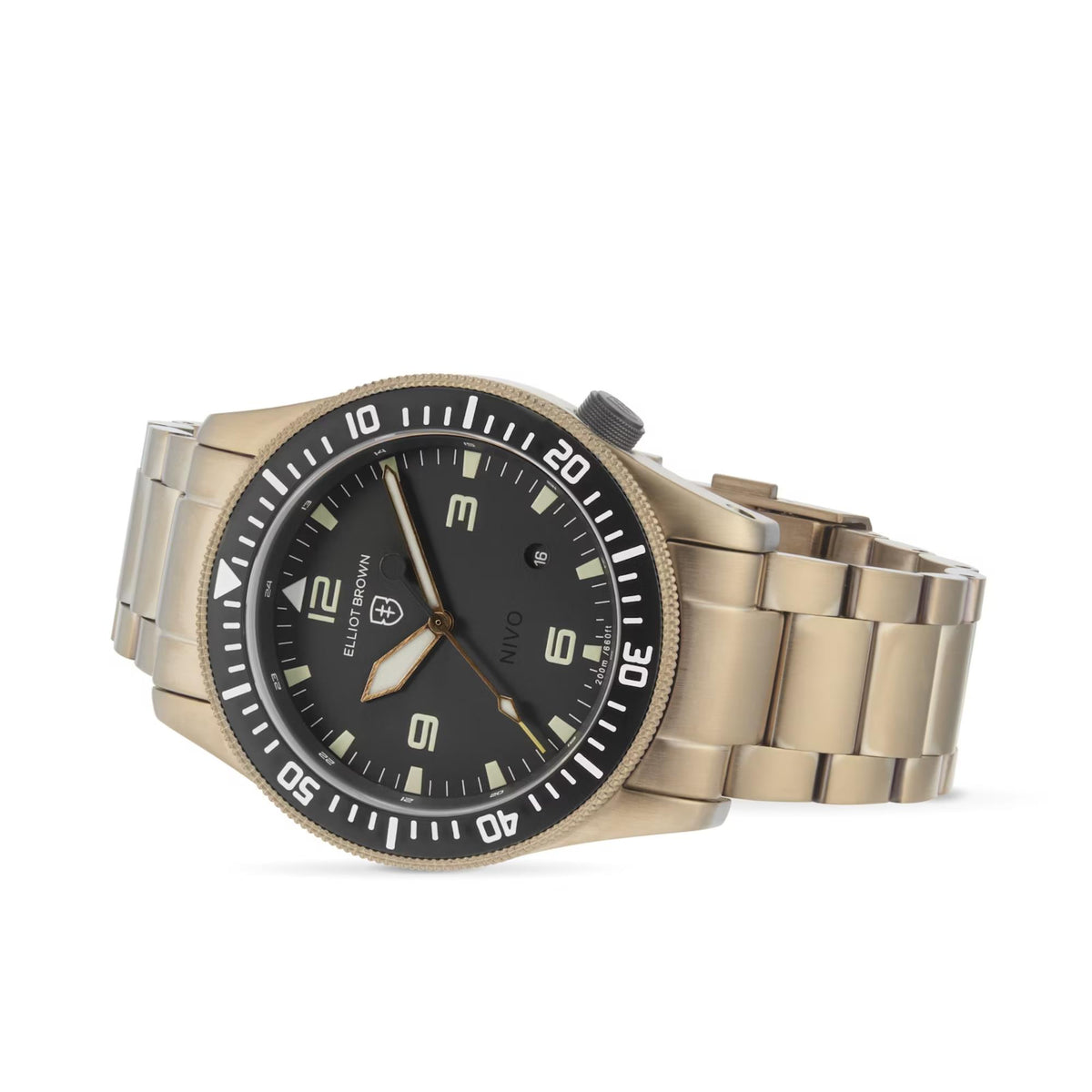 Gold-tone men’s wristwatch with dark dial and metal bracelet, side view of crown