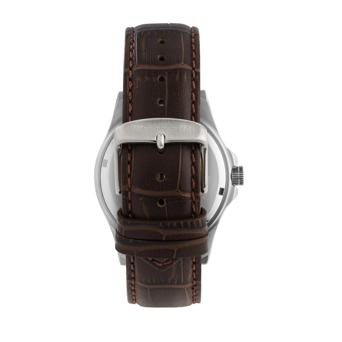 Maserati Competizione watch front with brown leather band and silver-toned case